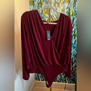 Express Maroon Long Sleeved Draped Bodysuit Size XL NWT